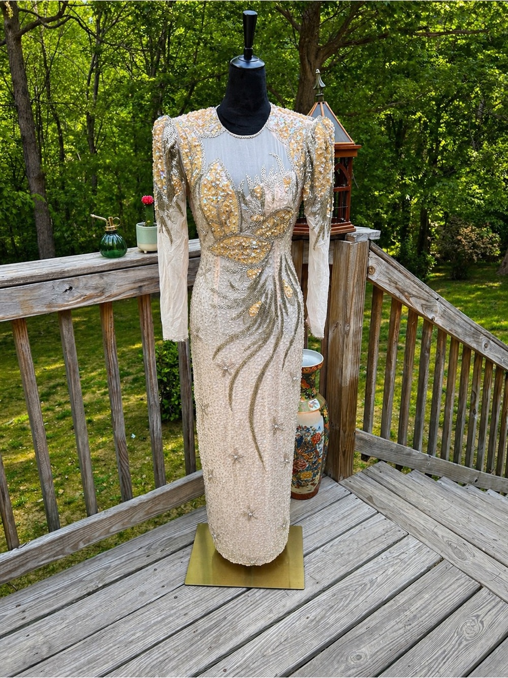 ✨Vintage Black Tie Blush Pink Gold Beaded Sequin Dress Long Sleeve Zip ✨